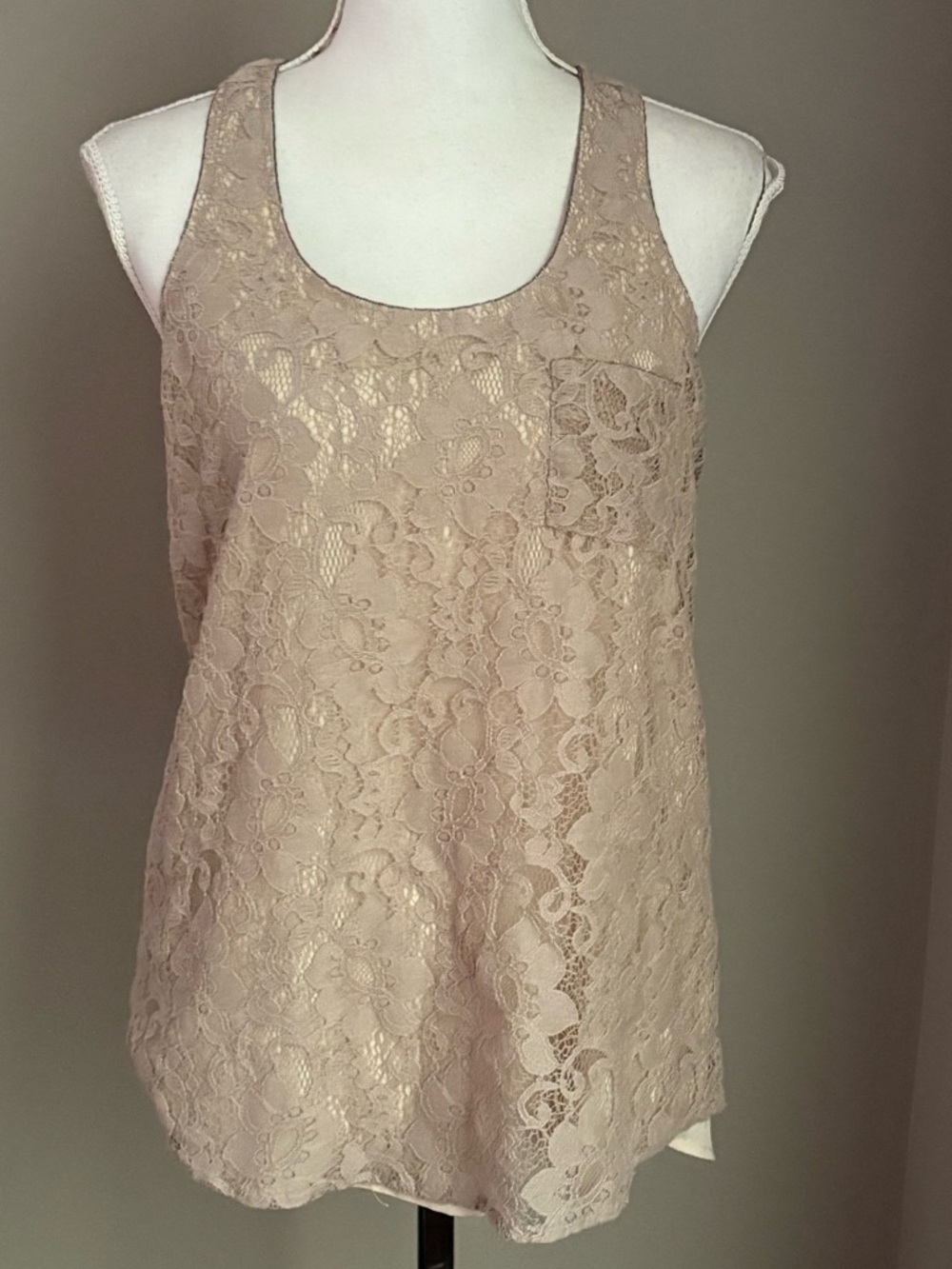 Collective Concepts Beige Lace Sleeveless Blouse with Beaded Neckline Coquette